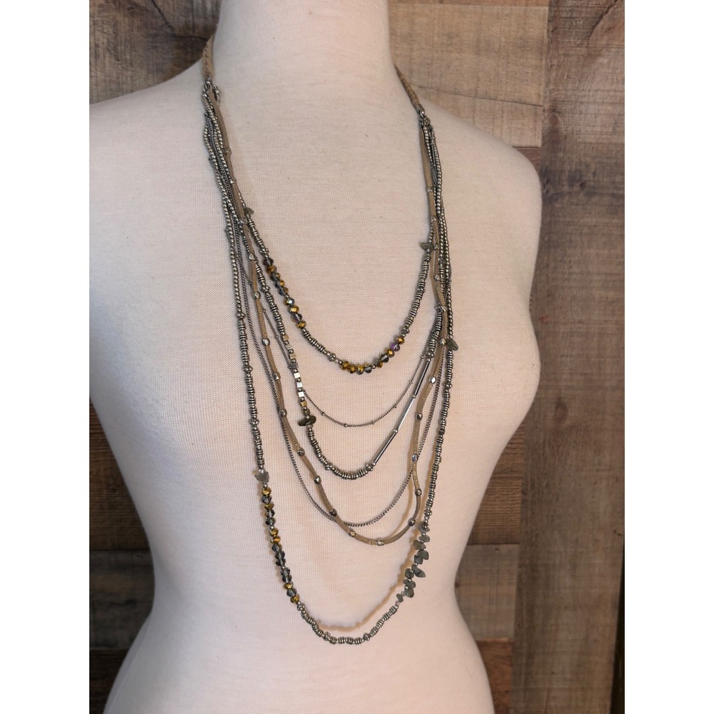 Multi Strand Layered Boho Necklace Silver Tan Beaded Crystal Stone